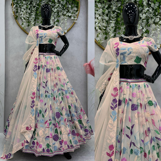 Cream Tabby Organza Lehenga for women