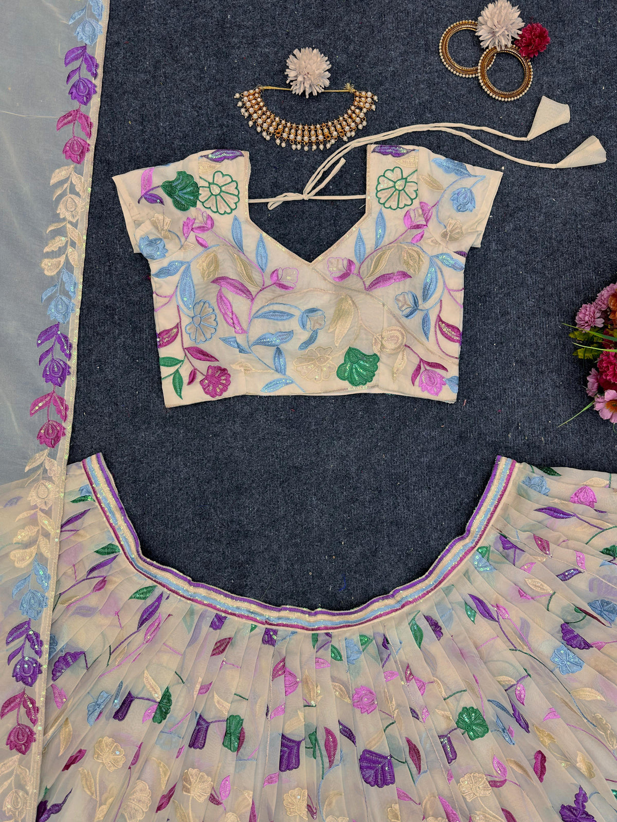 Cream Tabby Organza Lehenga for women