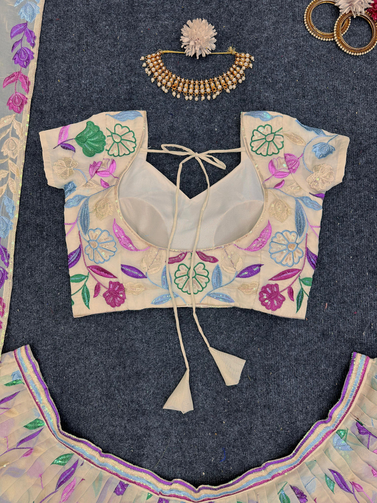 Cream Tabby Organza Lehenga for women