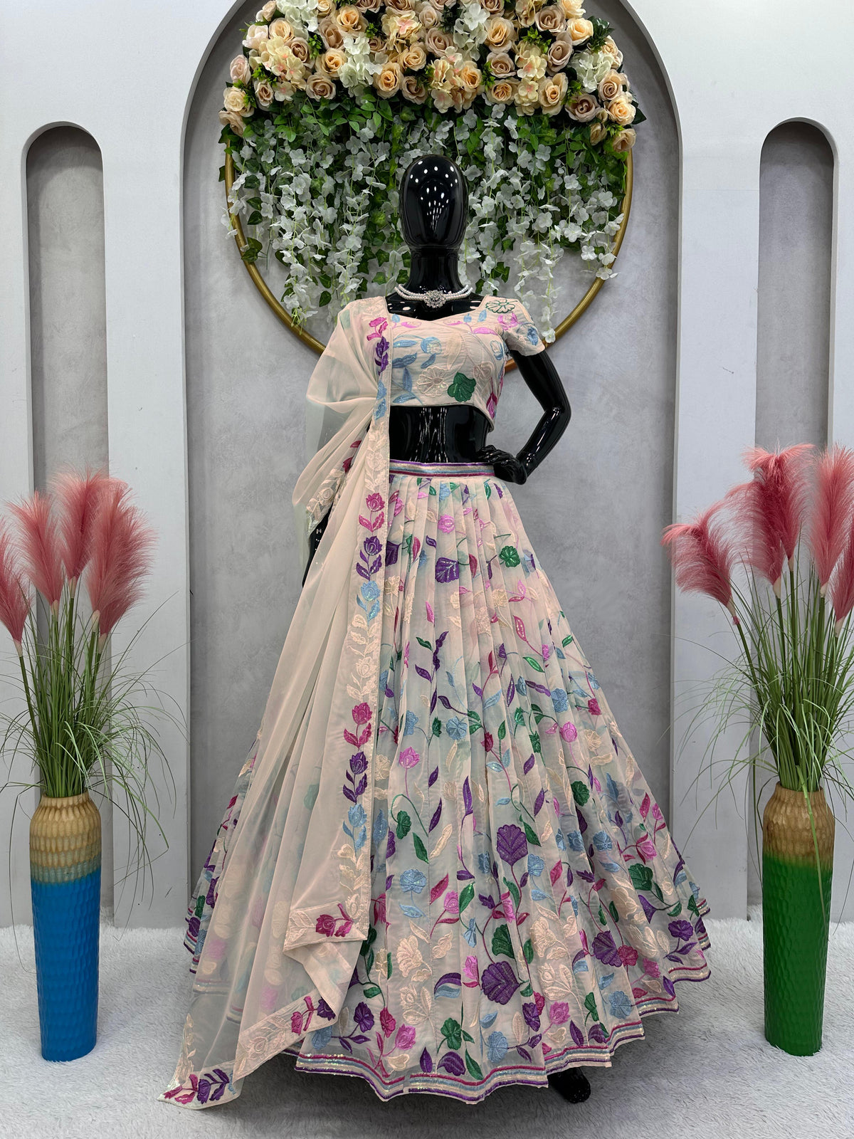 Cream Tabby Organza Lehenga for women
