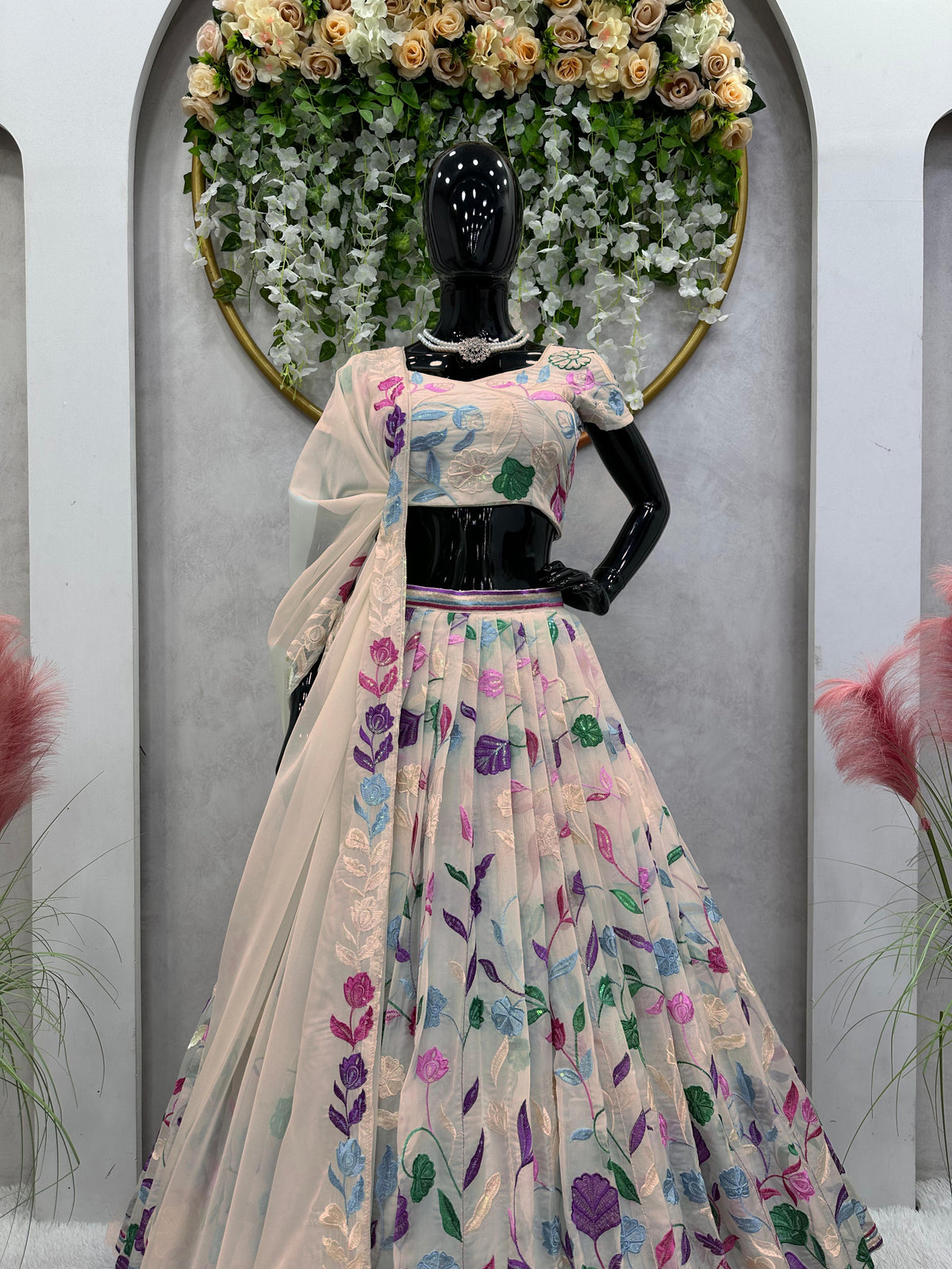 Cream Tabby Organza Lehenga for women