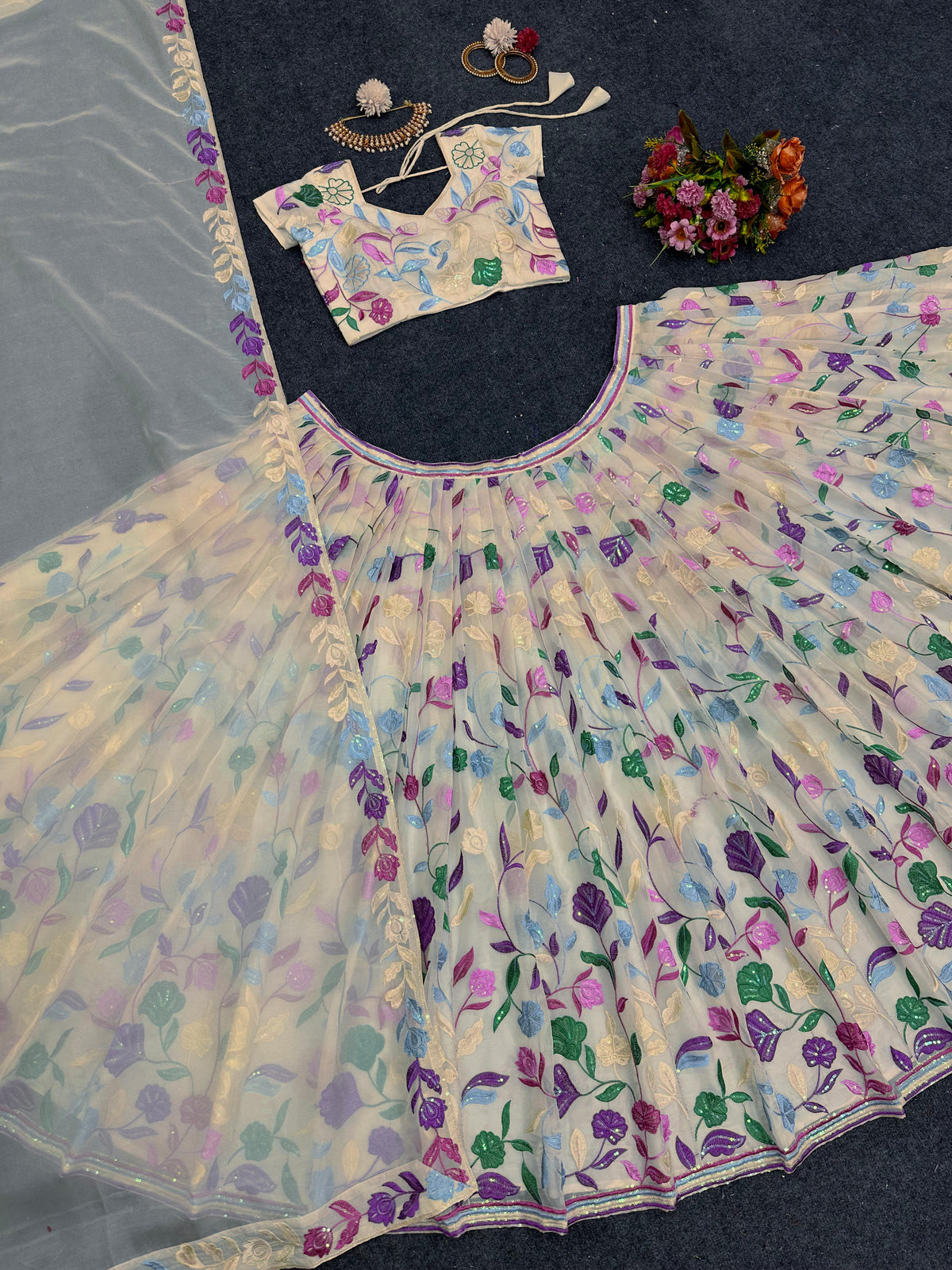 Cream Tabby Organza Lehenga for women