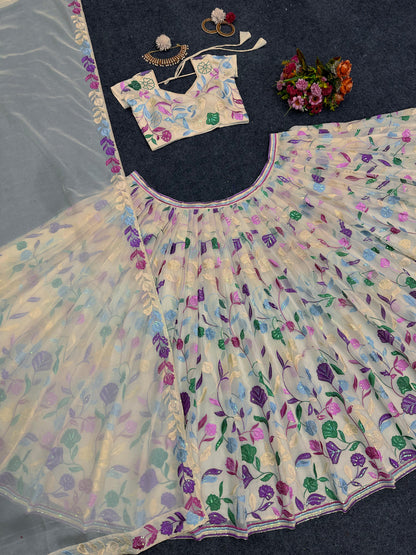 Cream Tabby Organza Lehenga for women