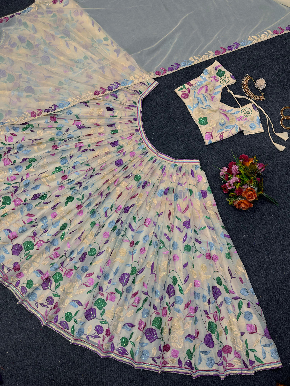 Cream Tabby Organza Lehenga for women