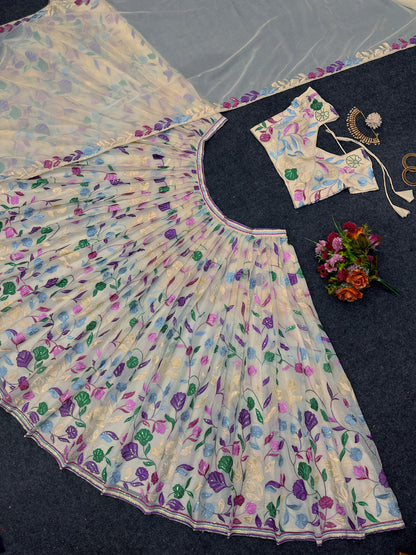 Cream Tabby Organza Lehenga for women