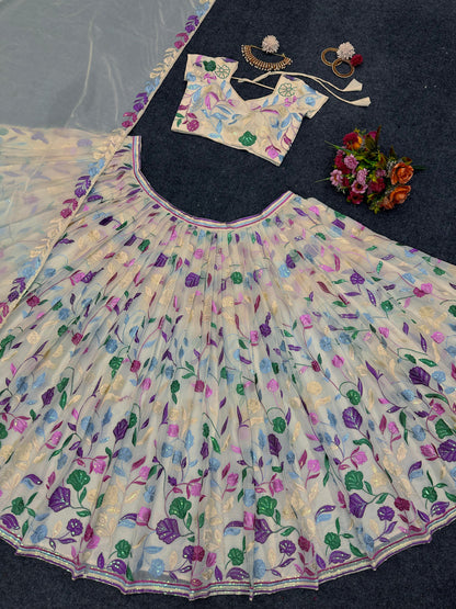 Cream Tabby Organza Lehenga for women