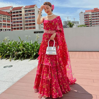 Latest Rani Georgette Printed Ruffle Lehenga Choli For Women