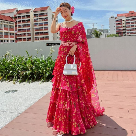 Latest Rani Georgette Printed Ruffle Lehenga Choli For Women