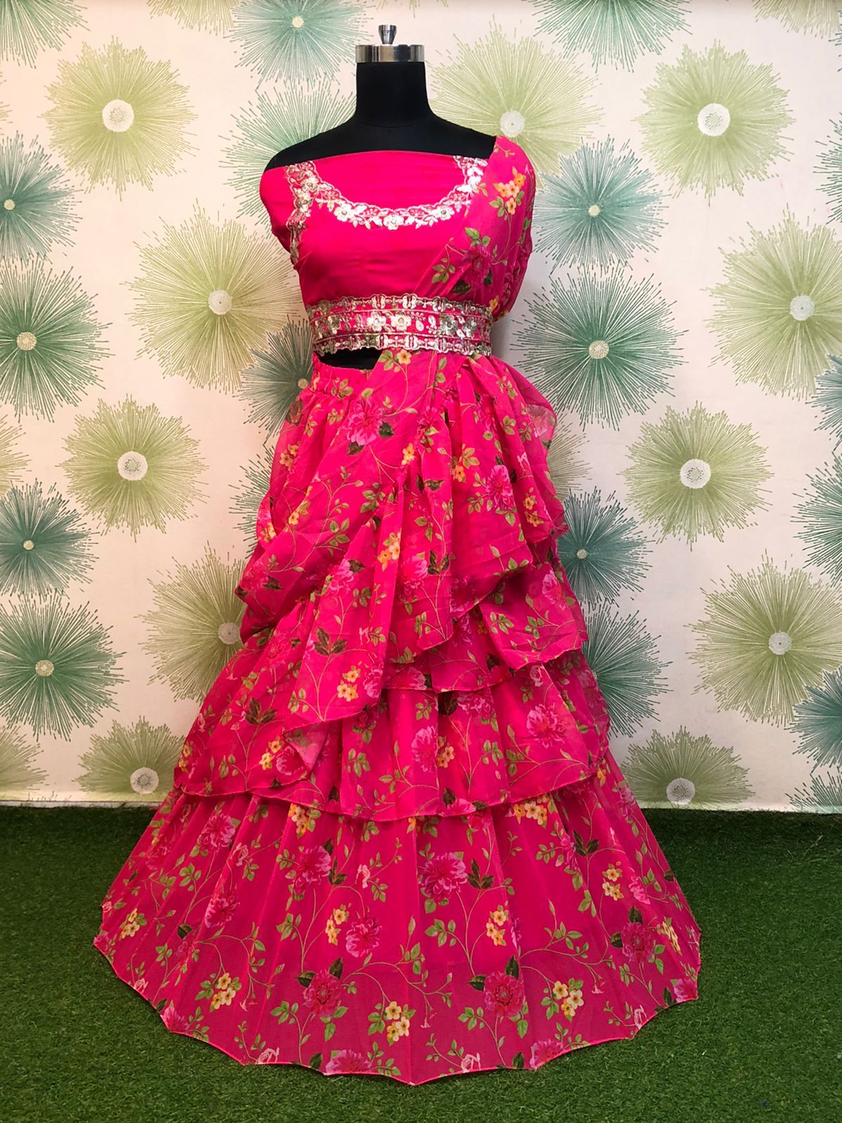 Latest Rani Georgette Printed Ruffle Lehenga Choli For Women