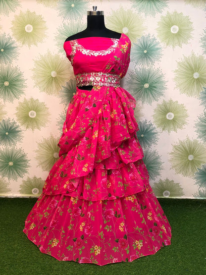 Latest Rani Georgette Printed Ruffle Lehenga Choli For Women