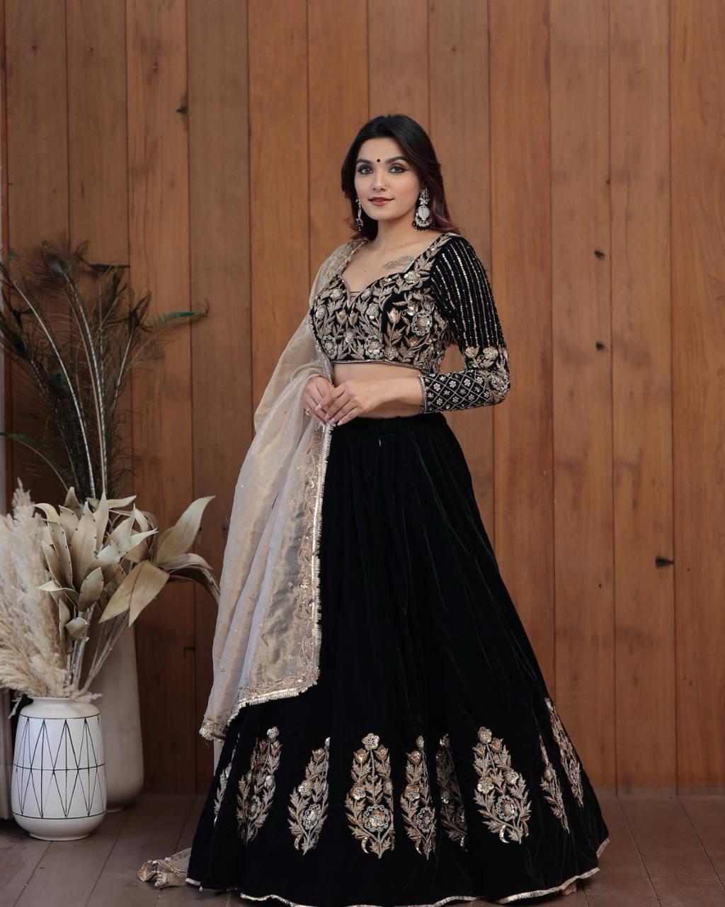 Black Velvet Embroidery Lehenga For Women and girls