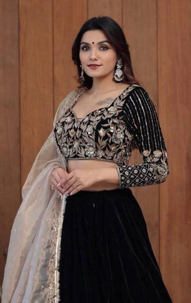 Black Velvet Embroidery Lehenga For Women and girls