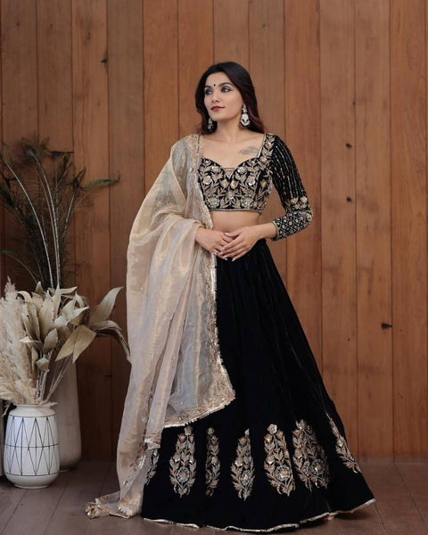 Black Velvet Embroidery Lehenga For Women and girls