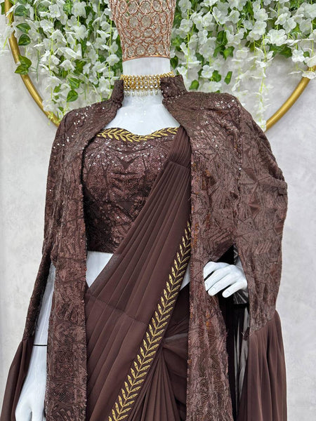 Brown Ready To Wear Lehenga Saree with shurg for women