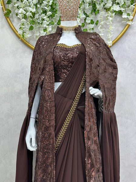 Brown Ready To Wear Lehenga Saree with shurg for women