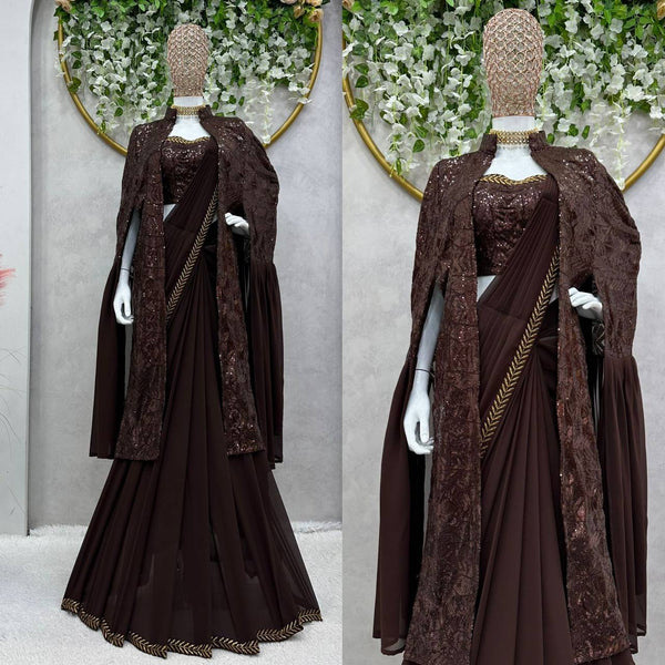 Brown Ready To Wear Lehenga Saree with shurg for women