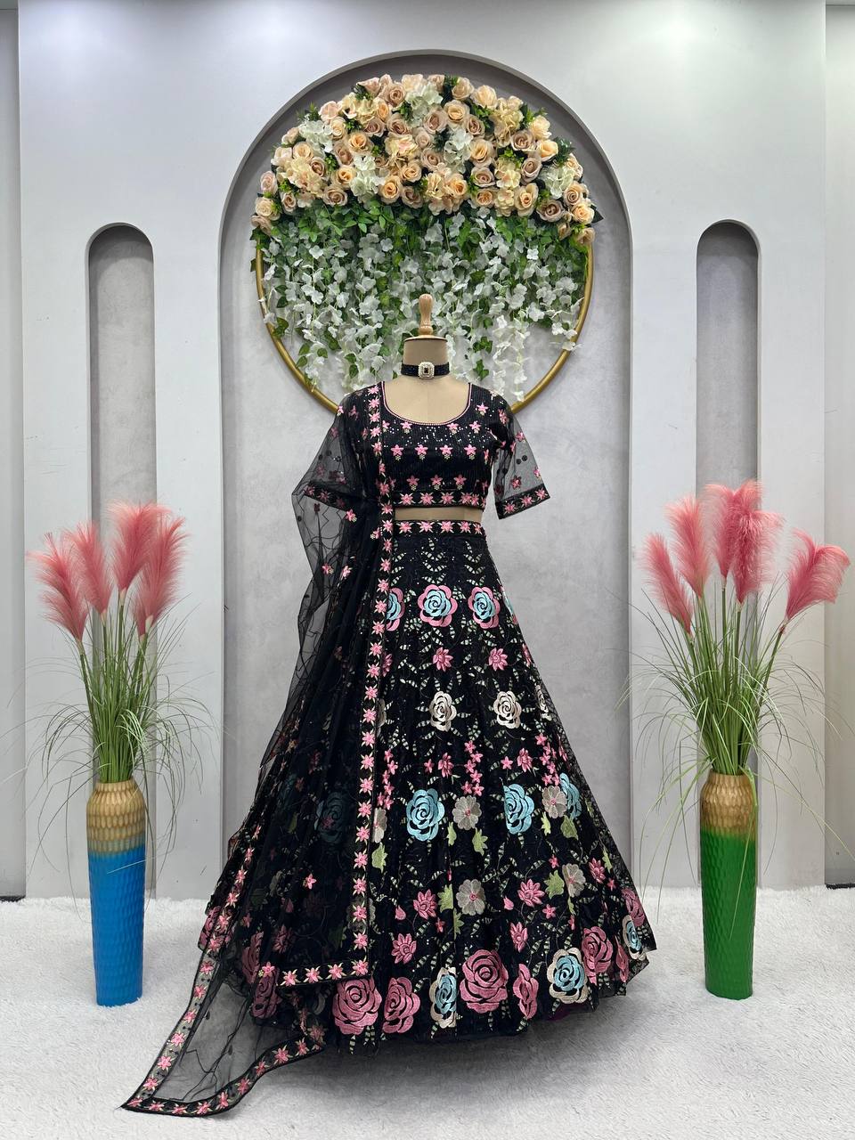 Black color Flower Embroidery work Lehenga for women