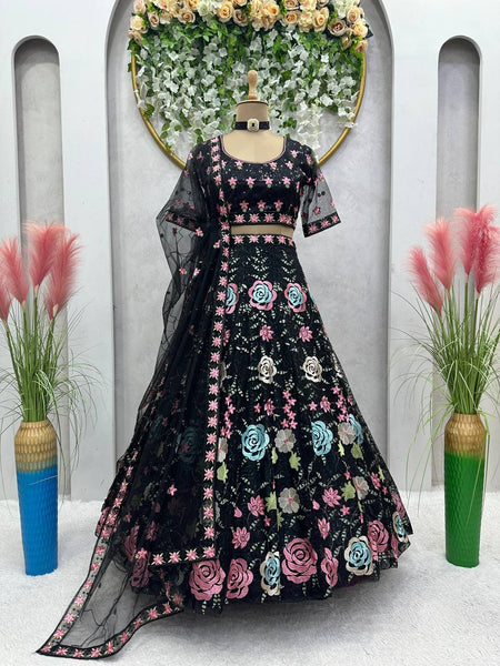Black color Flower Embroidery work Lehenga for women