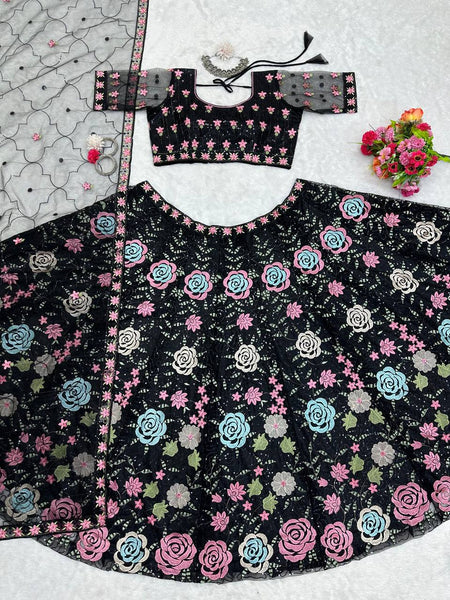 Black color Flower Embroidery work Lehenga for women