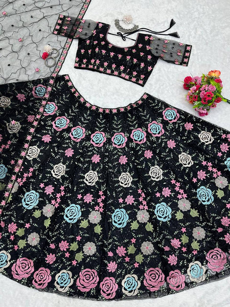 Black color Flower Embroidery work Lehenga for women