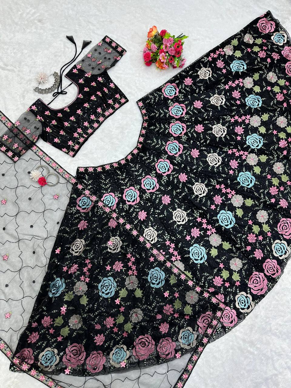 Black color Flower Embroidery work Lehenga for women