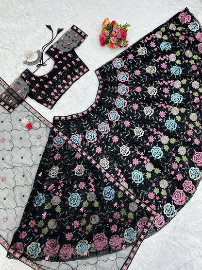 Black color Flower Embroidery work Lehenga for women
