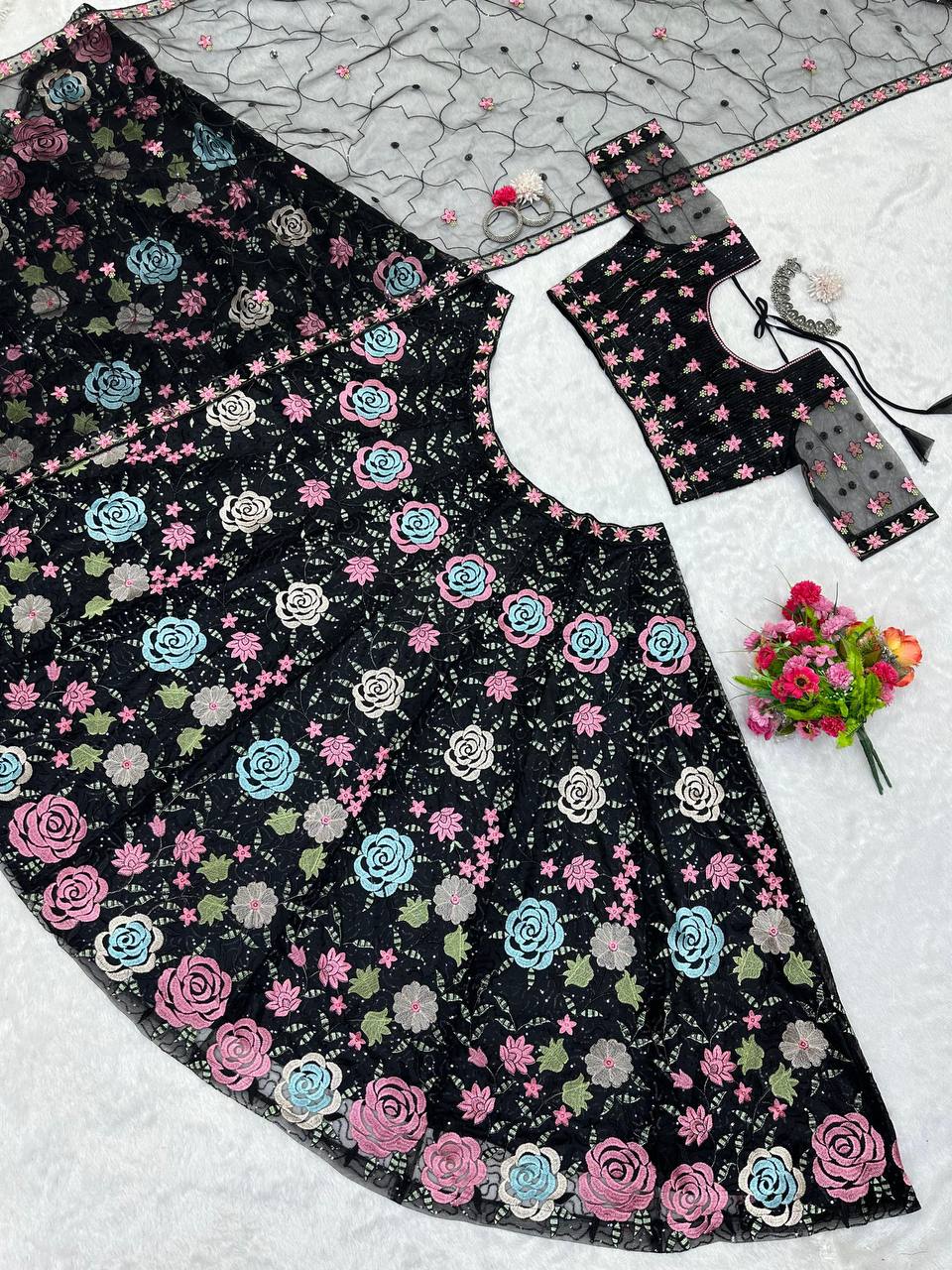 Black color Flower Embroidery work Lehenga for women