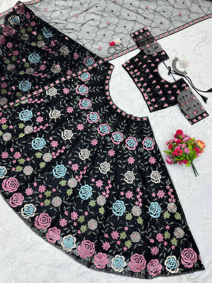 Black color Flower Embroidery work Lehenga for women