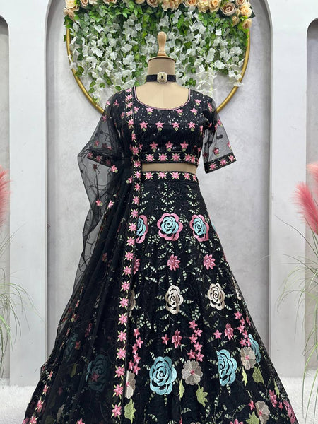 Black color Flower Embroidery work Lehenga for women