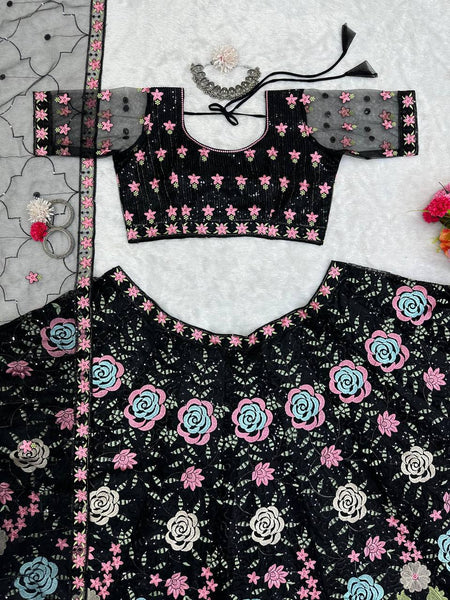 Black color Flower Embroidery work Lehenga for women