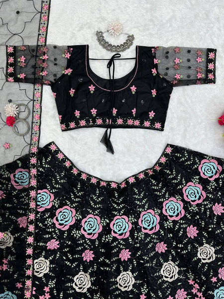Black color Flower Embroidery work Lehenga for women