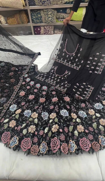 Black color Flower Embroidery work Lehenga for women