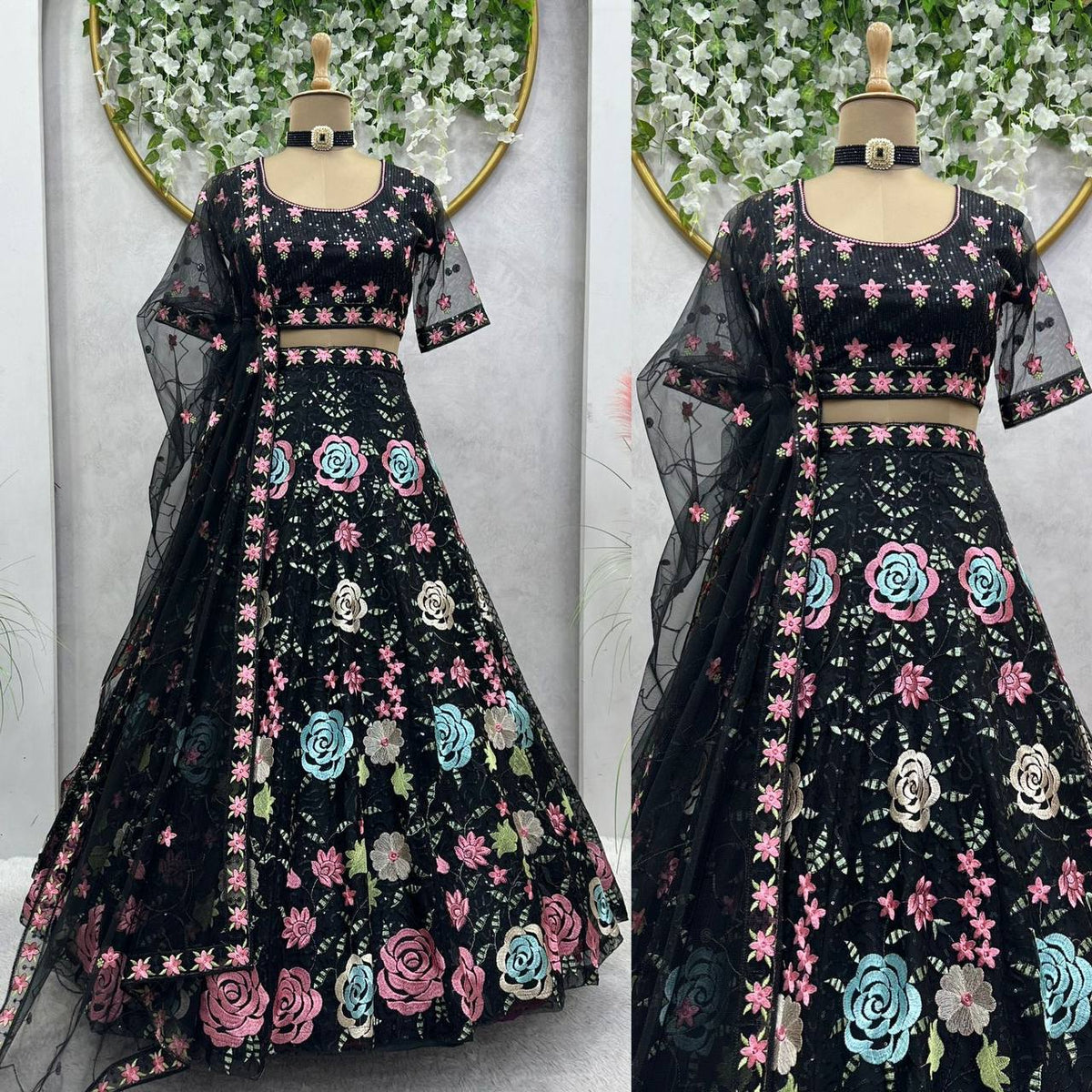 Black color Flower Embroidery work Lehenga for women