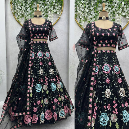 Black color Flower Embroidery work Lehenga for women