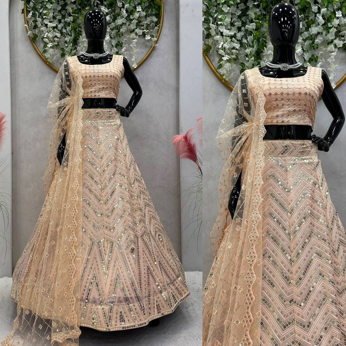 Peach Lehenga Choli Dupatta Set For Women