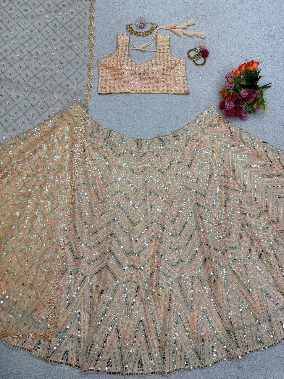 Peach Lehenga Choli Dupatta Set For Women