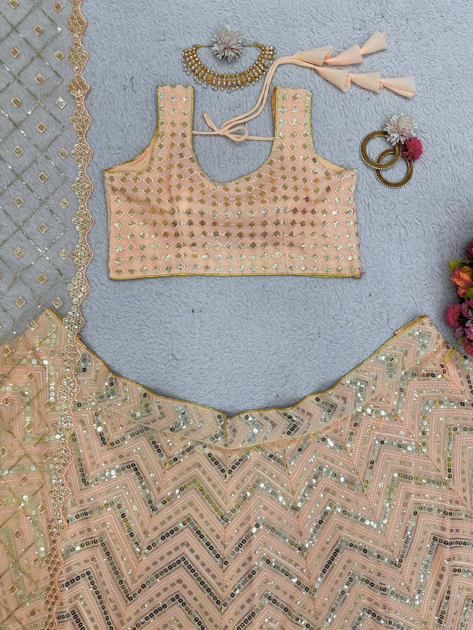 Peach Lehenga Choli Dupatta Set For Women
