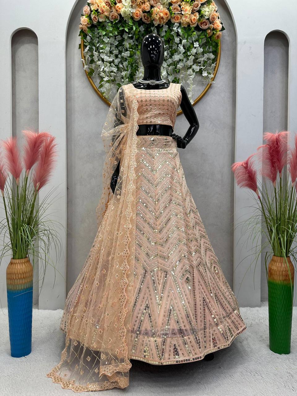 Peach Lehenga Choli Dupatta Set For Women