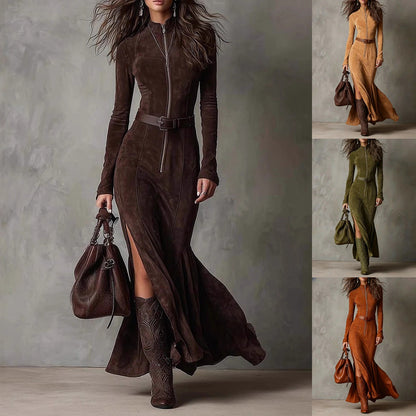 Slim Zipper Dress Elegant Temperament Split Long-sleeved Dresses Cowboy Fashion Retro Women's Clothing