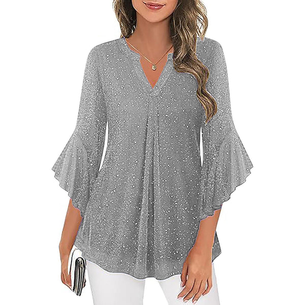 Womens Casual Silver-Thread Mesh V-Neck Petal Three-Quarter Sleeve Loose Top