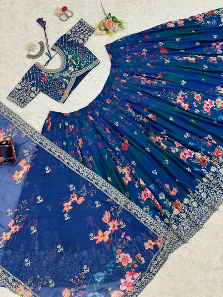 Latest Designer Blue Color Flower Printed Georgette Lehenga