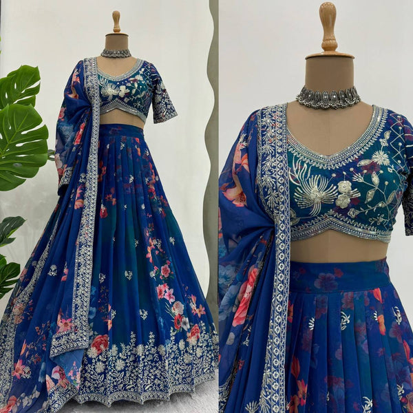 Latest Designer Blue Color Flower Printed Georgette Lehenga