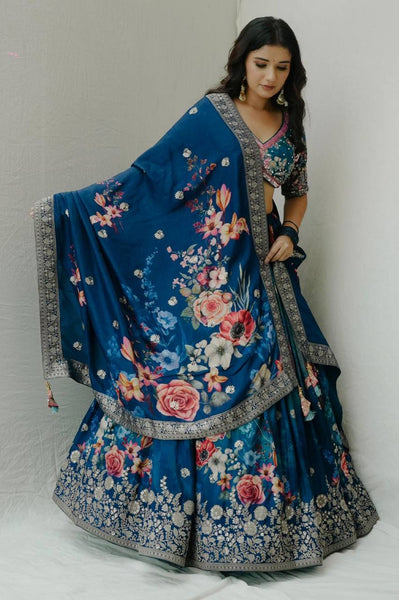 Latest Designer Blue Color Flower Printed Georgette Lehenga