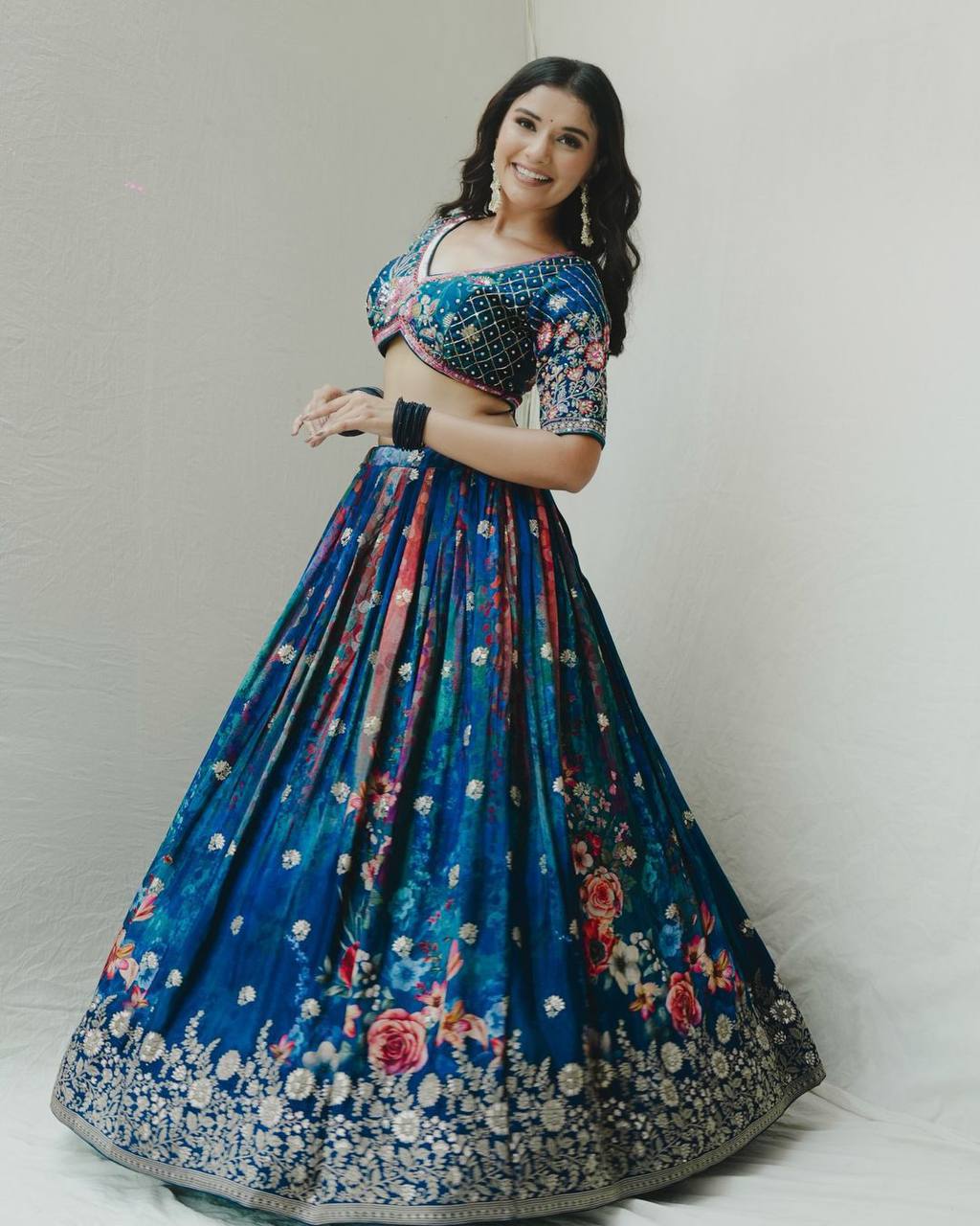 Latest Designer Blue Color Flower Printed Georgette Lehenga