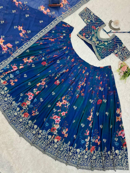 Latest Designer Blue Color Flower Printed Georgette Lehenga