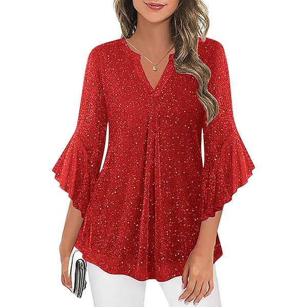 Womens Casual Silver-Thread Mesh V-Neck Petal Three-Quarter Sleeve Loose Top
