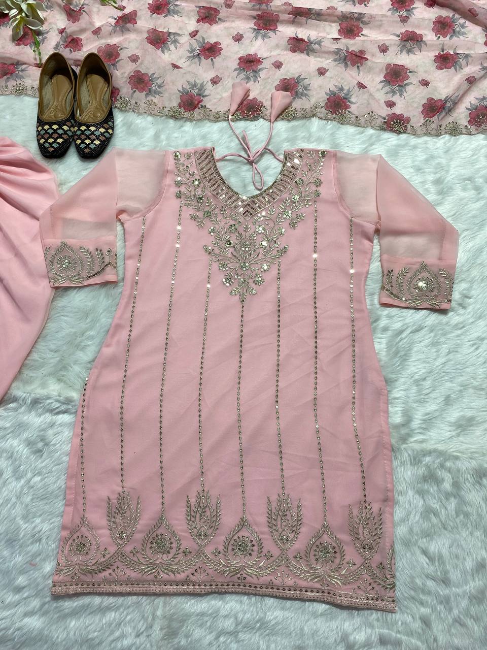 Light Pink Sequence Embroidery Dhoti Style Salwar Suit set For Women