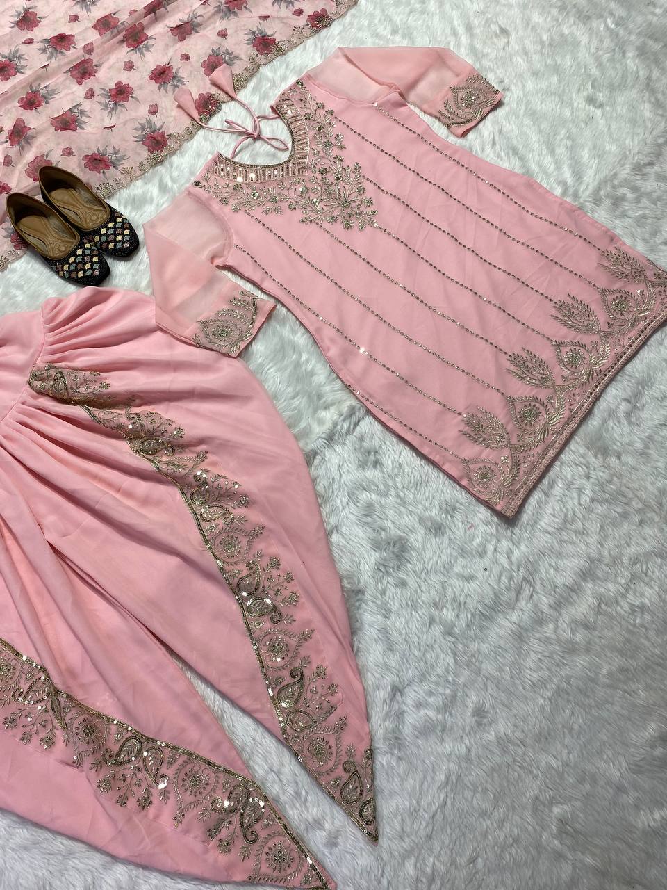 Light Pink Sequence Embroidery Dhoti Style Salwar Suit set For Women