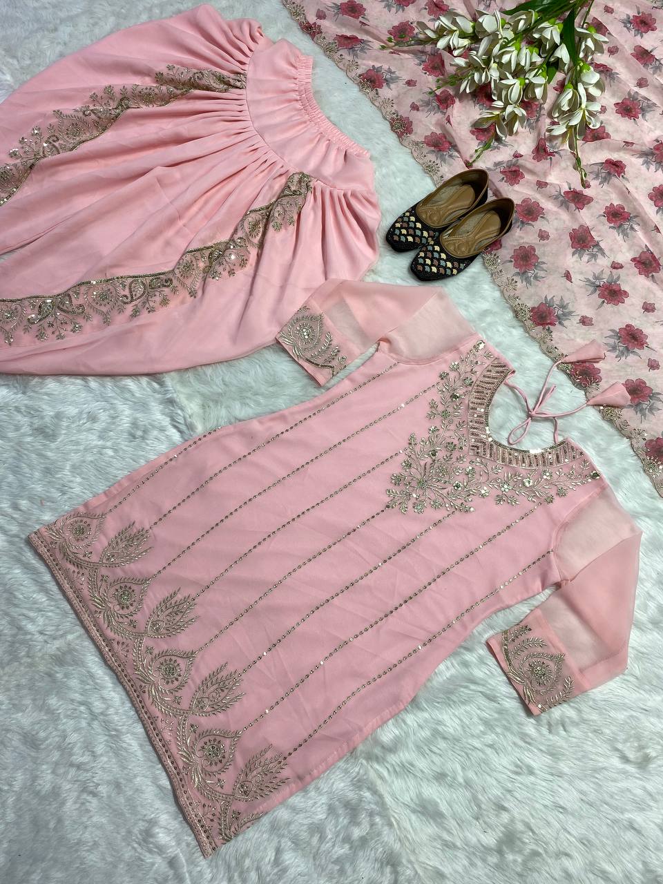 Light Pink Sequence Embroidery Dhoti Style Salwar Suit set For Women