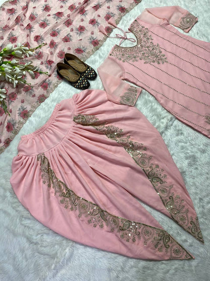 Light Pink Sequence Embroidery Dhoti Style Salwar Suit set For Women